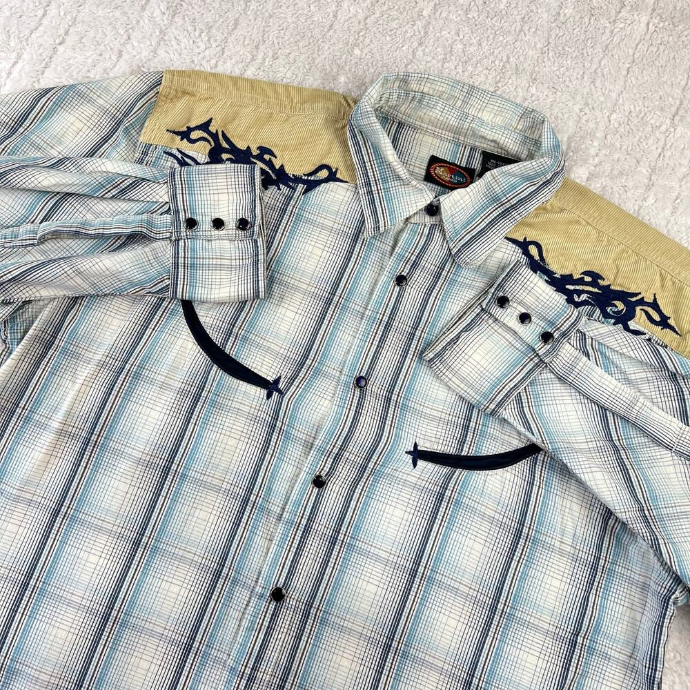 Martini Ranch Blue Plaid Pearl Snap Men's Western Shirt Size large Corduroy
